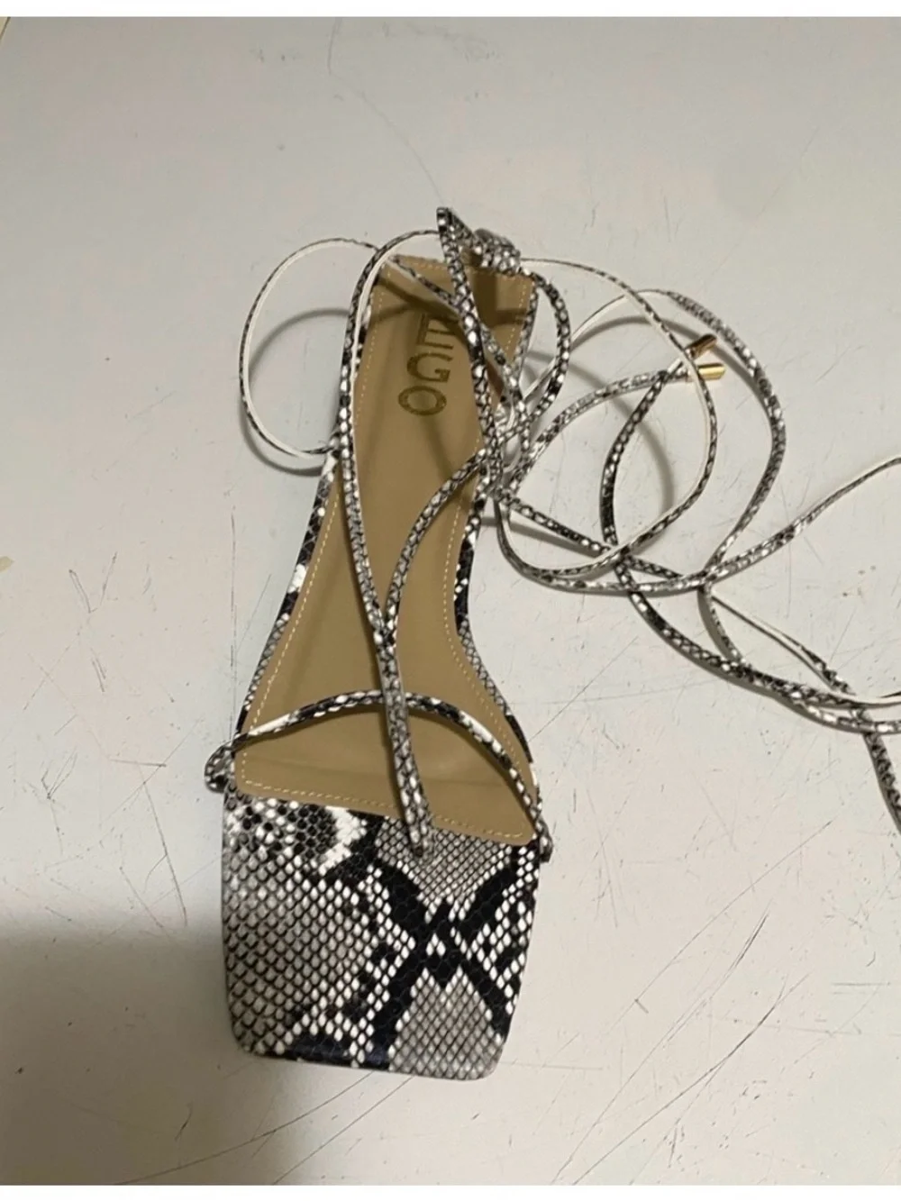 Snake-Print Lace-Up Sandal in Black & White